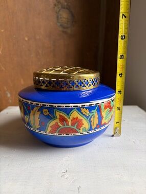 Vintage Blue Potpourri Jar with Brass Lattice Lid